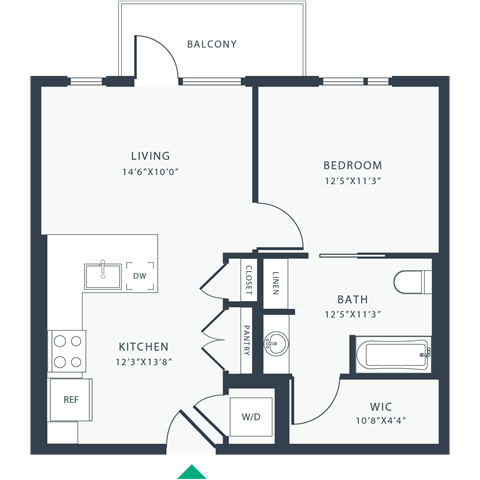 Floor plan for 1 bed, 1 bath, 688 sqft
